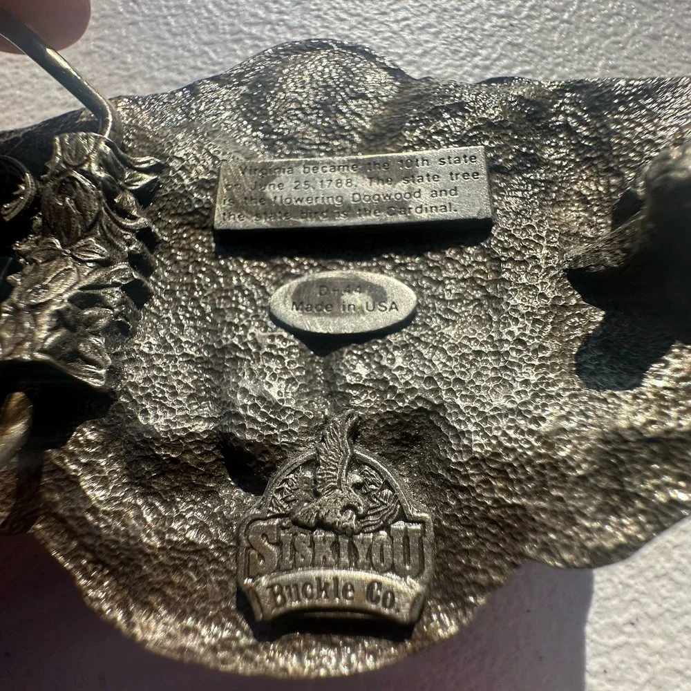 Vtg 1987 Belt Buckle - Virginia Old Dominion - Enameled Top Grain Tooled 38 Belt
